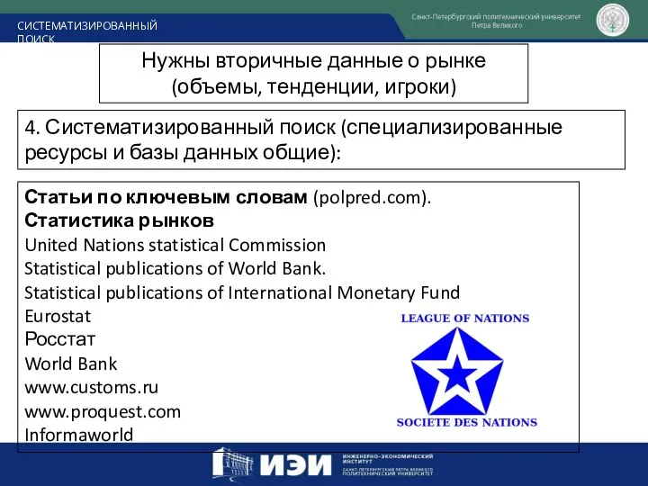 СИСТЕМАТИЗИРОВАННЫЙ ПОИСК Нужны вторичные данные о рынке (объемы, тенденции, игроки) 4. Систематизированный