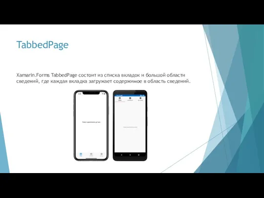 TabbedPage Xamarin.Forms TabbedPage состоит из списка вкладок и большой области сведений, где