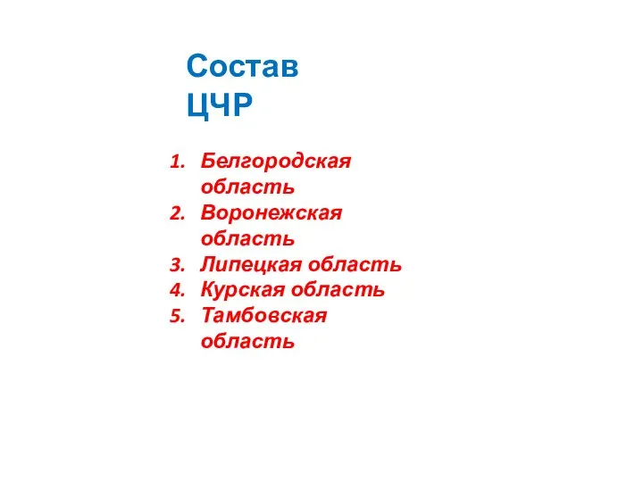 Состав ЦЧР Белгородская область Воронежская область Липецкая область Курская область Тамбовская область