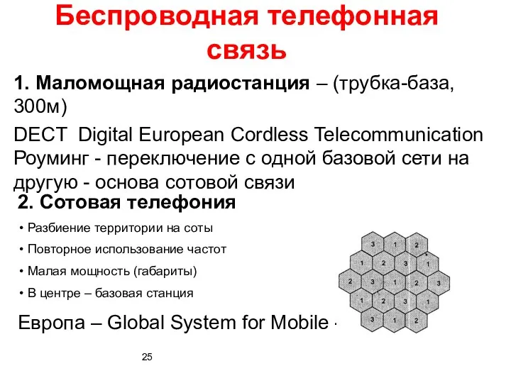 2. Cотовая телефония Разбиение территории на соты Повторное использование частот Малая мощность