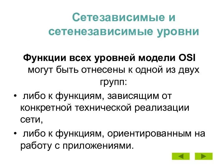 Сетезависимые и сетенезависимые уровни Функции всех уровней модели OSI могут быть отнесены