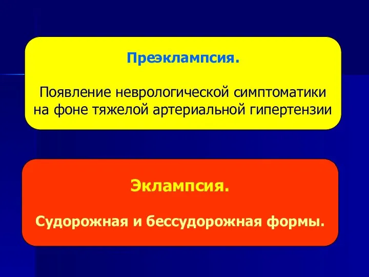 Преэклампсия. Появление неврологической симптоматики на фоне тяжелой артериальной гипертензии Эклампсия. Судорожная и бессудорожная формы.