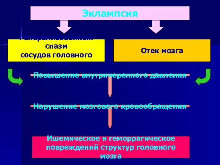 Генерализованный спазм сосудов головного мозга Отек мозга Повышение внутричерепного давления Нарушение мозгового