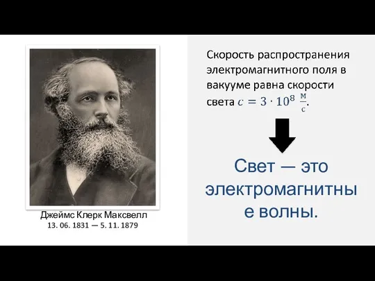 Джеймс Клерк Максвелл 13. 06. 1831 — 5. 11. 1879 Свет — это электромагнитные волны.