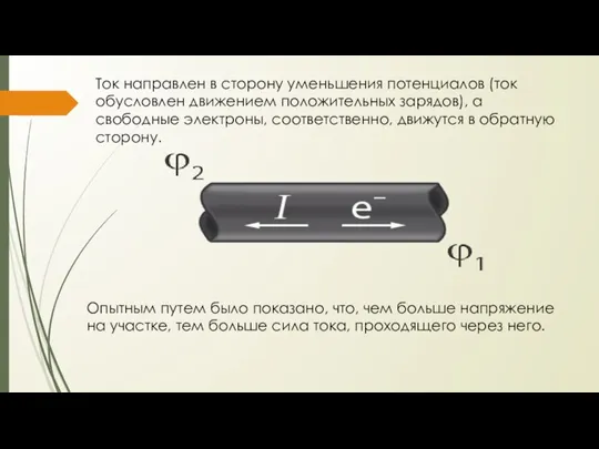 Ток направлен в сторону уменьшения потенциалов (ток обусловлен движением положительных зарядов), а