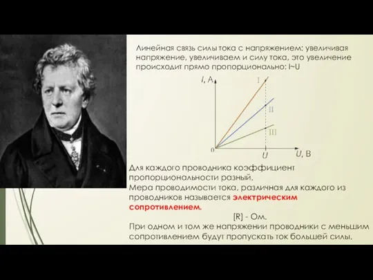 Линейная связь силы тока с напряжением: увеличивая напряжение, увеличиваем и силу тока,