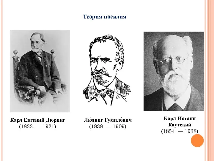 Теория насилия Карл Евгений Дюринг (1833 — 1921) Лю́двиг Гумпло́вич (1838 —