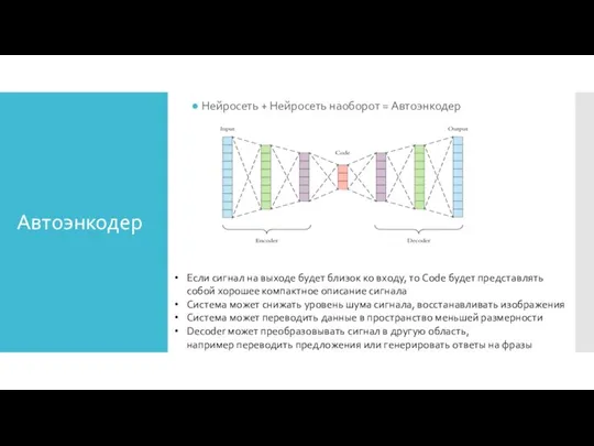 Автоэнкодер Нейросеть + Нейросеть наоборот = Автоэнкодер Если сигнал на выходе будет