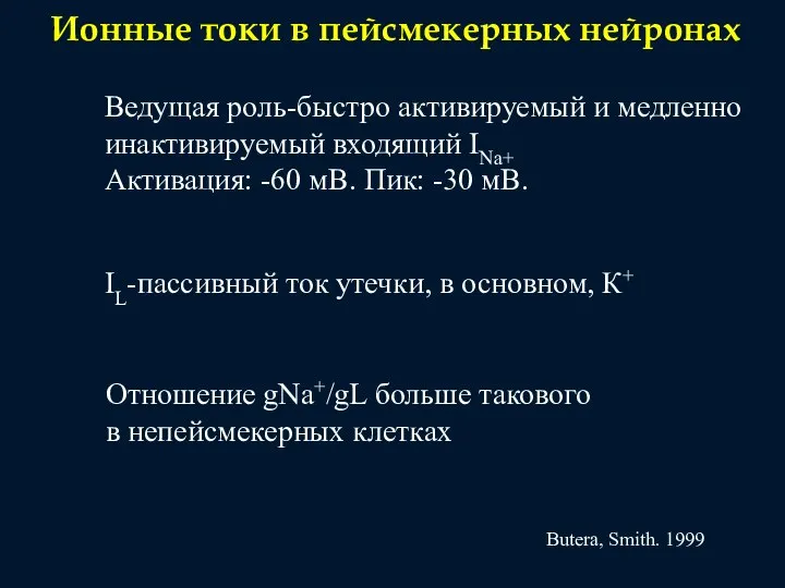 Ионные токи в пейсмекерных нейронах Ведущая роль-быстро активируемый и медленно инактивируемый входящий