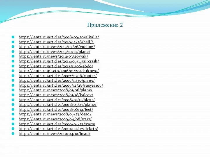 Приложение 2 https://lenta.ru/articles/2008/09/30/alitalia/ https://lenta.ru/articles/2010/12/28/hell/\ https://lenta.ru/news/2013/03/26/vueling/ https://lenta.ru/news/2013/10/14/plane/ https://lenta.ru/news/2014/03/26/yak/ https://lenta.ru/articles/2014/07/17/aircrash/ https://lenta.ru/articles/2015/11/06/ebdo/ https://lenta.ru/photo/2016/01/29/darkness/ https://lenta.ru/articles/2007/11/06/copter/ https://lenta.ru/articles/2007/11/30/plane/