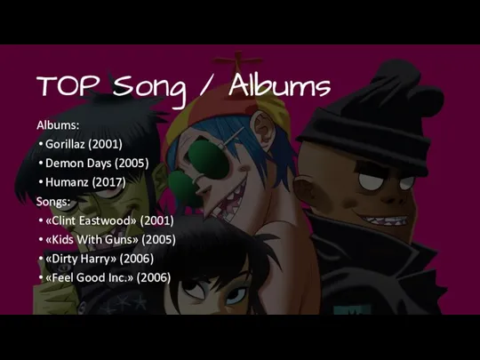 TOP Song / Albums Albums: Gorillaz (2001) Demon Days (2005) Humanz (2017)