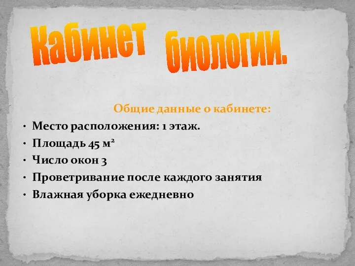 Общие данные о кабинете: Место расположения: 1 этаж. Площадь 45 м2 Число