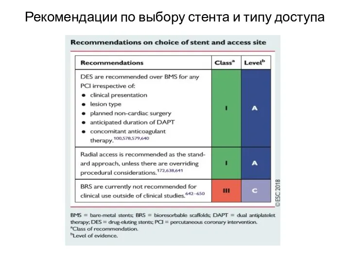 Рекомендации по выбору стента и типу доступа