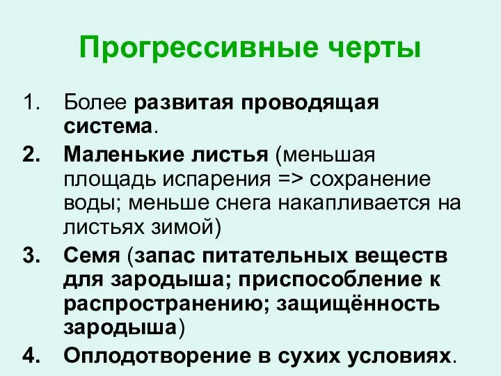 Прогрессивные черты Более развитая проводящая система. Маленькие листья (меньшая площадь испарения =>