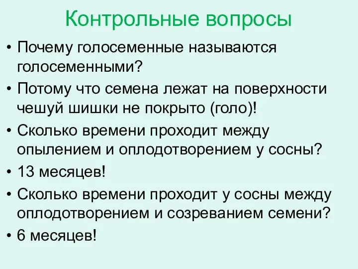 Контрольные вопросы Почему голосеменные называются голосеменными? Потому что семена лежат на поверхности