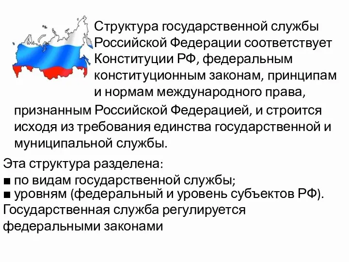 Структура государственной службы Российской Федерации со­ответствует Конституции РФ, федеральным конституционным законам, принципам