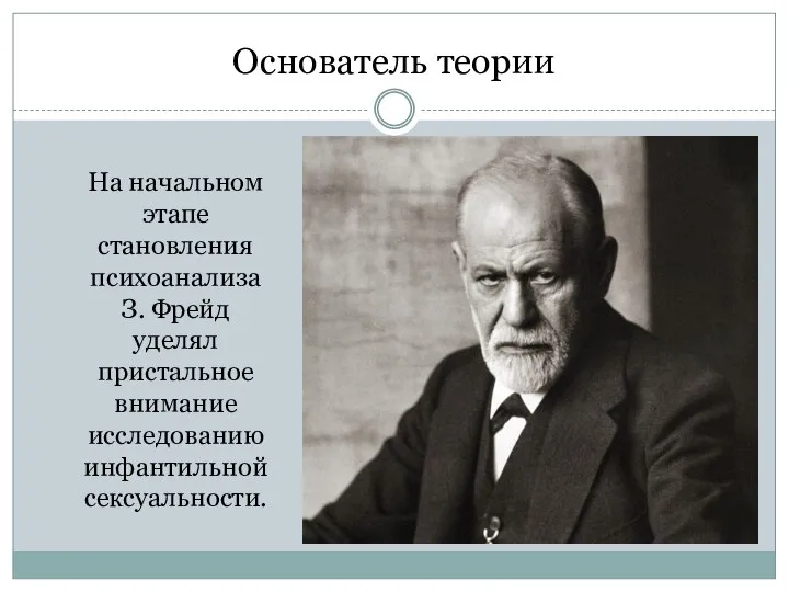 Основатель теории На начальном этапе становления психоанализа З. Фрейд уделял пристальное внимание исследованию инфантильной сексуальности.