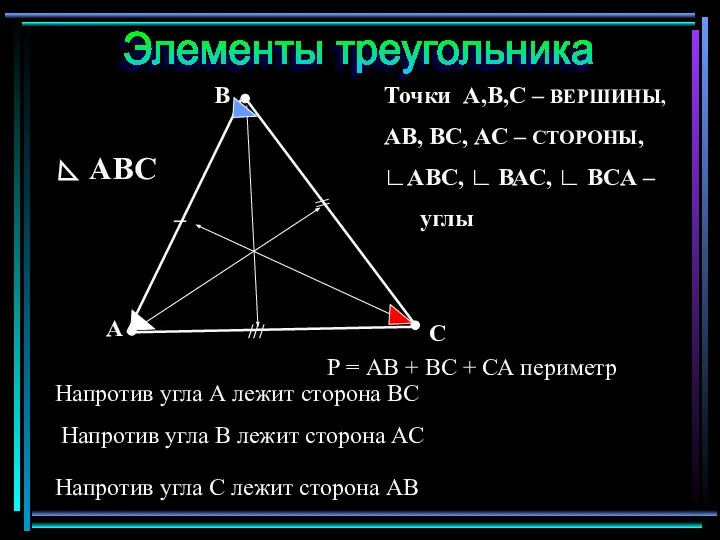 А В С Точки А,В,С – ВЕРШИНЫ, АВ, ВС, АС – СТОРОНЫ,