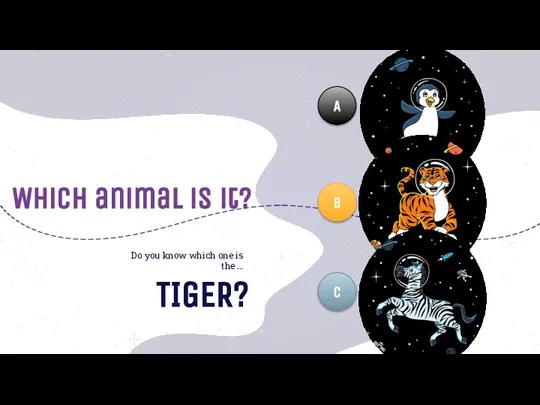 Which animal is it? Do you know which one is the … TIGER? A b c