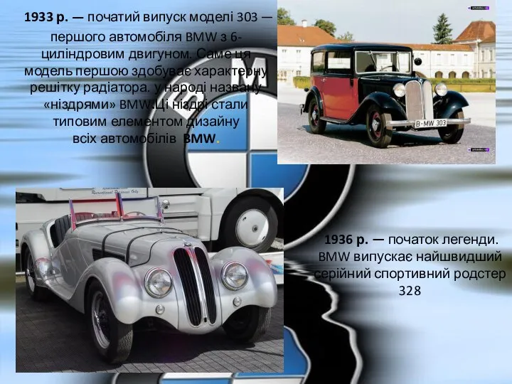 1933 р. — початий випуск моделі 303 — першого автомобіля BMW з