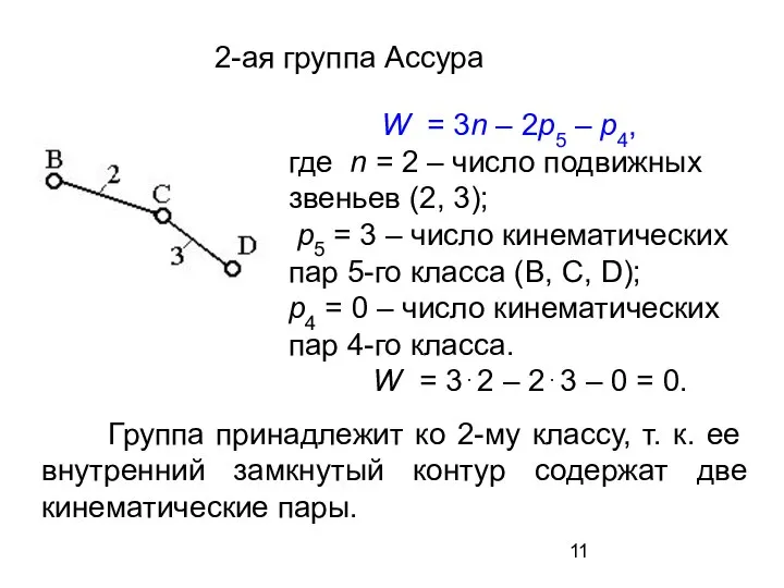 2-ая группа Ассура W = 3n – 2р5 – р4, где n