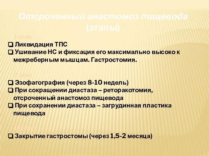 Отсроченный анастомоз пищевода (этапы) I этап Ликвидация ТПС Ушивание НС и фиксация