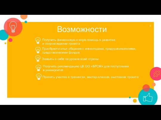 Возможности Заявить о себе на уровне всей страны Получить рекомендацию ЦК ОО