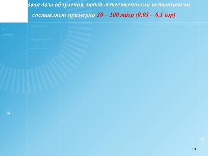 Годовая доза облучения людей естественными источниками составляет примерно 30 – 100 мбэр (0,03 – 0,1 бэр)