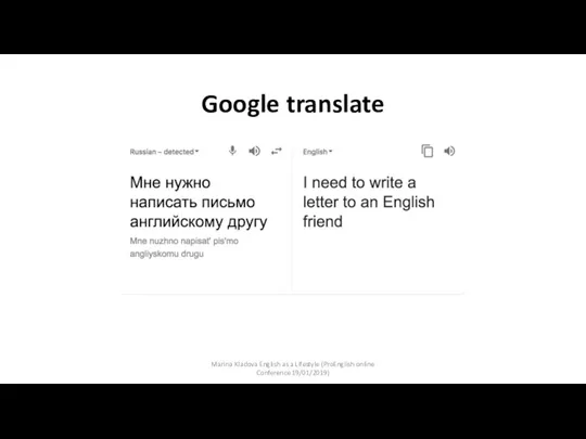 Google translate Marina Kladova English as a Lifestyle (ProEnglish online Conference 19/01/2019)