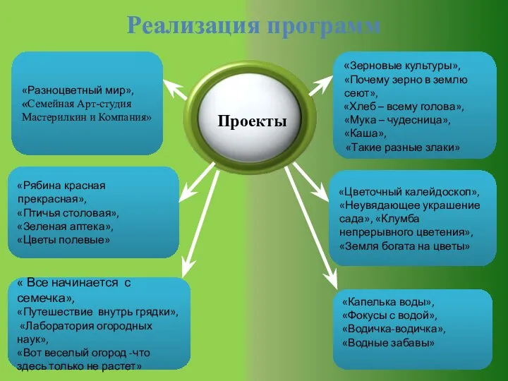 Проекты Реализация программ «Капелька воды», «Фокусы с водой», «Водичка-водичка», «Водные забавы» «Зерновые