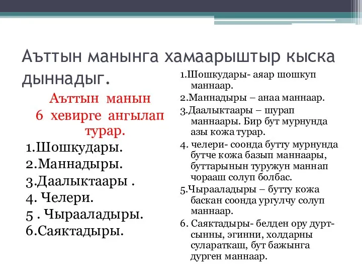 Аъттын манынга хамаарыштыр кыска дыннадыг. Аъттын манын 6 хевирге ангылап турар. 1.Шошкудары.