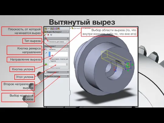 Вытянутый вырез Плоскость, от которой начинается вырез Тип выреза Кнопка реверса направления