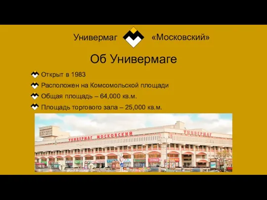 Об Универмаге Открыт в 1983 Общая площадь – 64,000 кв.м. Площадь торгового