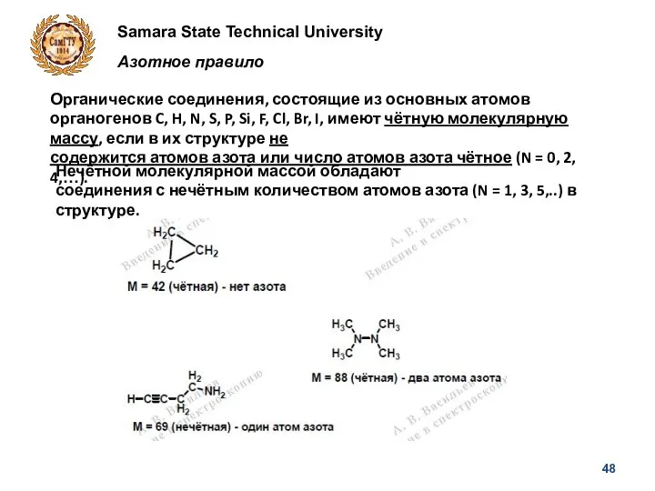 Samara State Technical University Азотное правило Органические соединения, состоящие из основных атомов