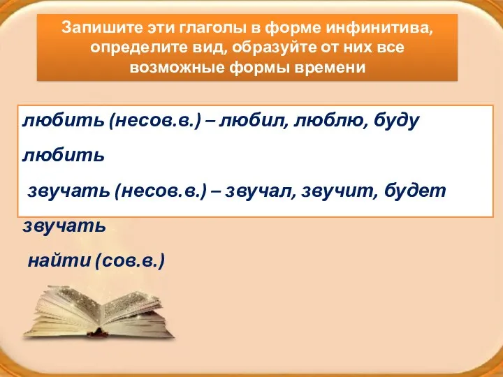 любить (несов.в.) – любил, люблю, буду любить звучать (несов.в.) – звучал, звучит,