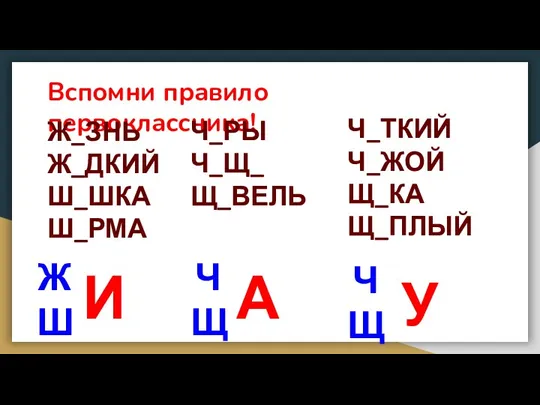 Вспомни правило первоклассника! Ж_ЗНЬ Ж_ДКИЙ Ш_ШКА Ш_РМА Ж Ш И Ч_РЫ Ч_Щ_