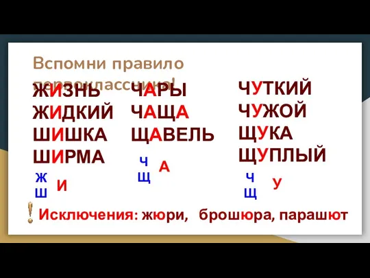 Вспомни правило первоклассника! ЖИЗНЬ ЖИДКИЙ ШИШКА ШИРМА Ж Ш И ЧАРЫ ЧАЩА