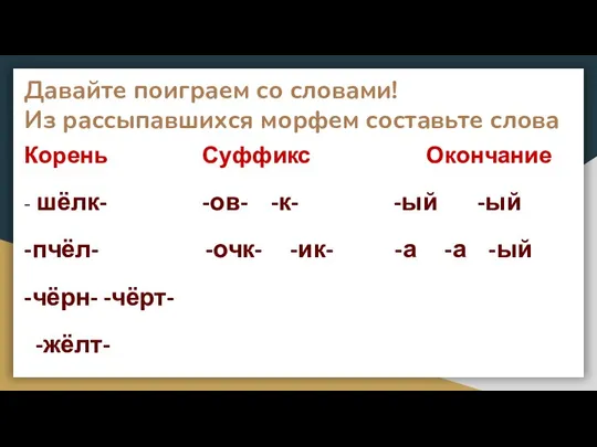 Давайте поиграем со словами! Из рассыпавшихся морфем составьте слова Корень Суффикс Окончание