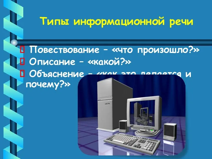 Типы информационной речи Повествование – «что произошло?» Описание – «какой?» Объяснение –