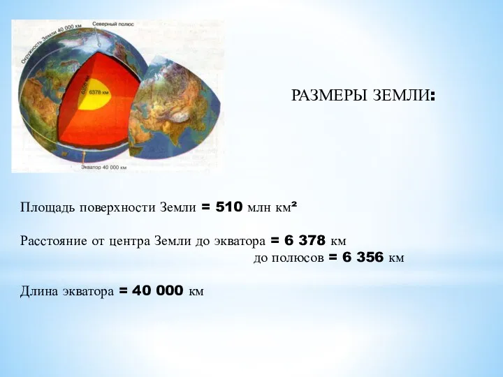РАЗМЕРЫ ЗЕМЛИ: Площадь поверхности Земли = 510 млн км² Расстояние от центра