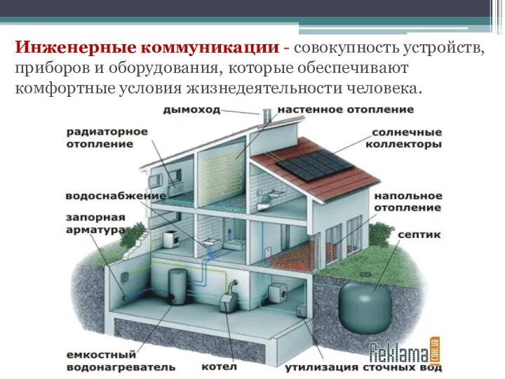 Инженерные коммуникации - совокупность устройств, приборов и оборудования, которые обеспечивают комфортные условия жизнедеятельности человека.