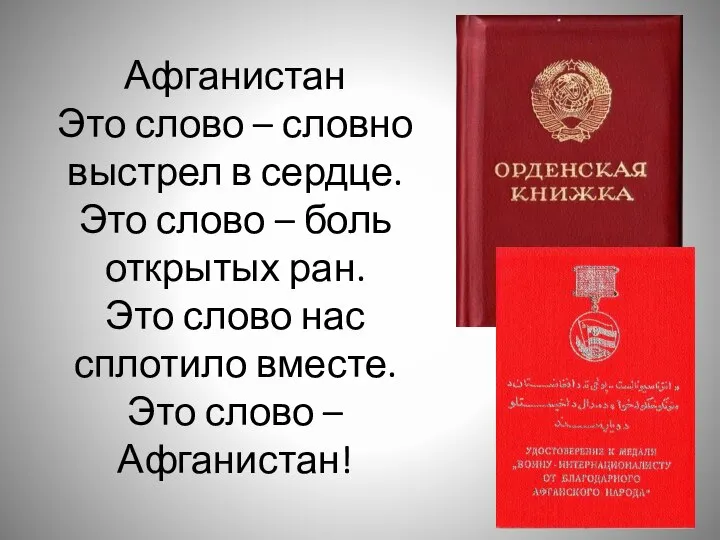 Афганистан Это слово – словно выстрел в сердце. Это слово – боль