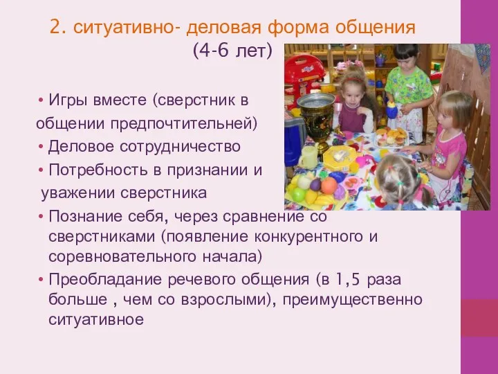 2. ситуативно- деловая форма общения (4-6 лет) Игры вместе (сверстник в общении