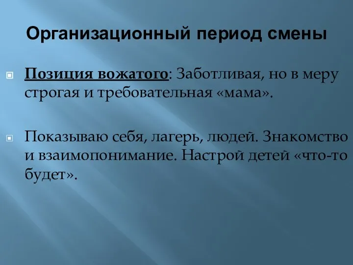 Организационный период смены Позиция вожатого: Заботливая, но в меру строгая и требовательная