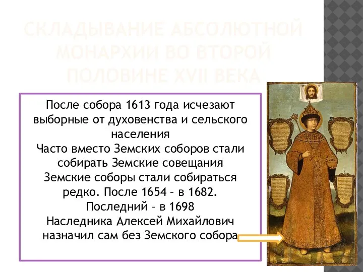 СКЛАДЫВАНИЕ АБСОЛЮТНОЙ МОНАРХИИ ВО ВТОРОЙ ПОЛОВИНЕ XVII ВЕКА После собора 1613 года