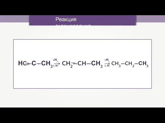 НC—С—СН3 → CH2—CH—СН3 → CH3—CH2—СН3 — +Н2 t, Ni +Н2 t, Ni — — Реакция гидрирования