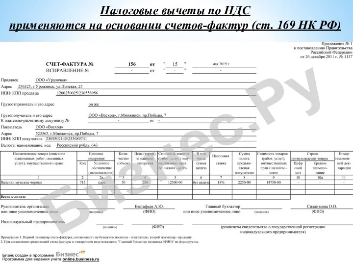 Налоговые вычеты по НДС применяются на основании счетов-фактур (ст. 169 НК РФ)