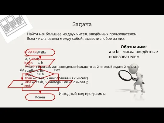 Задача Найти наибольшее из двух чисел, введённых пользователем. Если числа равны между