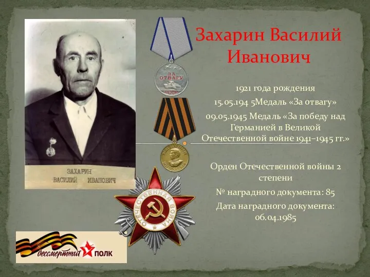 1921 года рождения 15.05.194 5Медаль «За отвагу» 09.05.1945 Медаль «За победу над