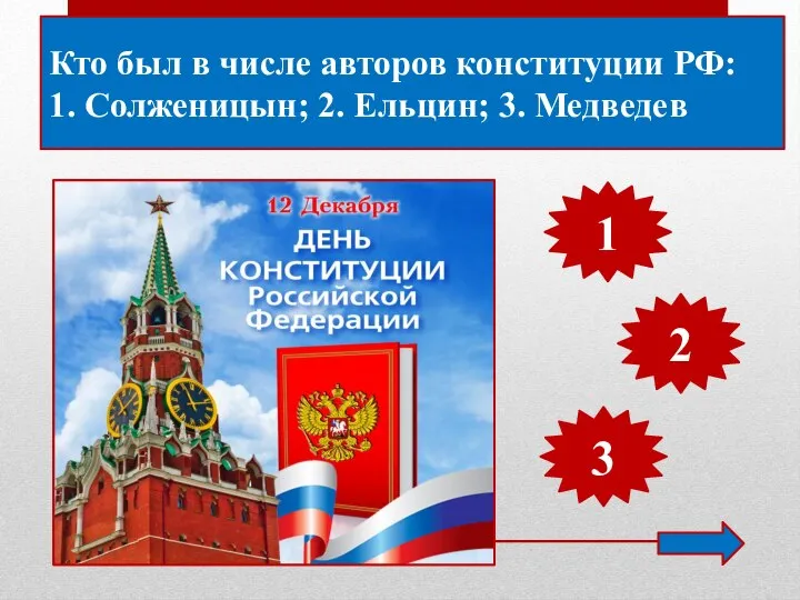 Кто был в числе авторов конституции РФ: 1. Солженицын; 2. Ельцин; 3. Медведев 1 2 3